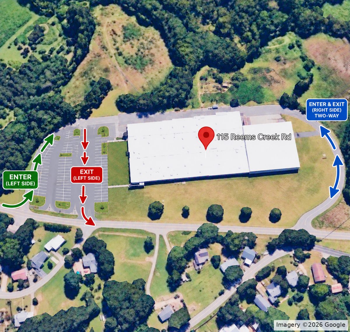 Aerial map of 115 Reems Creek Road showing the entrance and exit for the parking lot on the left side of the building, and a two-way drive on the right side